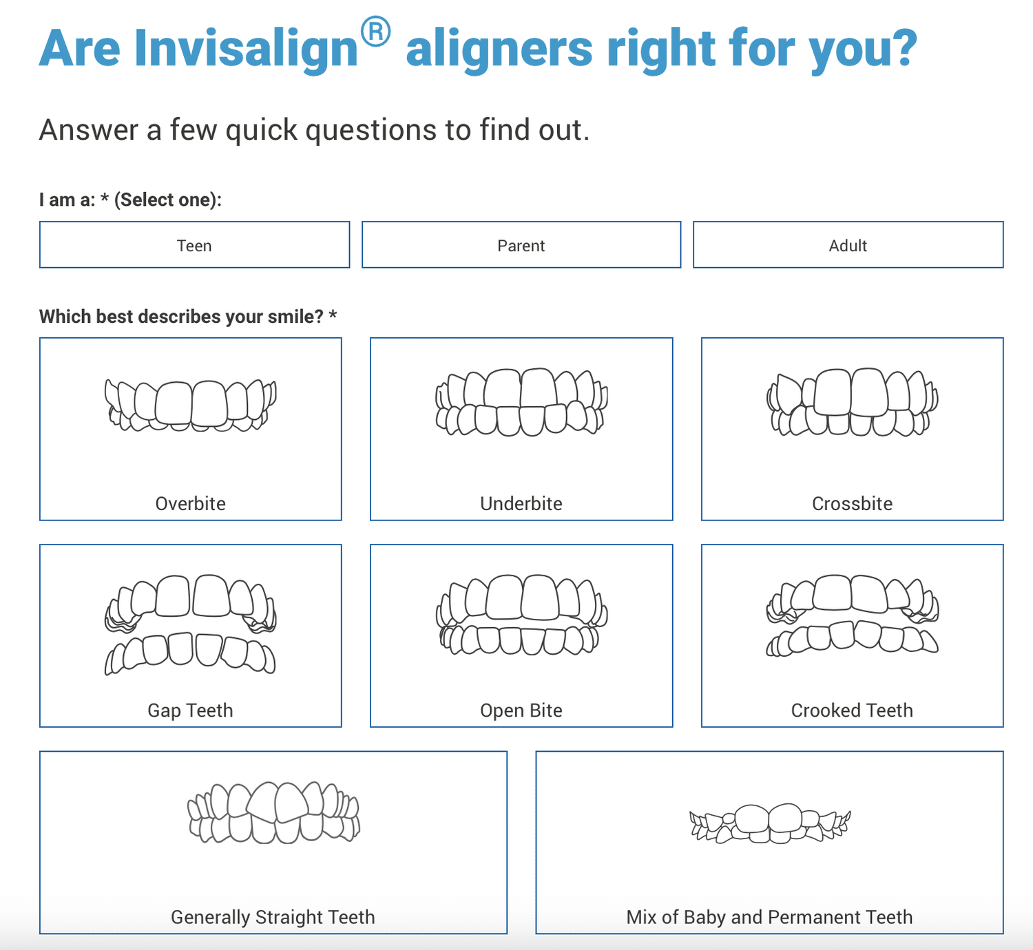 Quiz/Survey Funnel 20 Example of the 'Curiosity' Question Page featuring information about Invisalign, showcasing clear aligners and educational content.