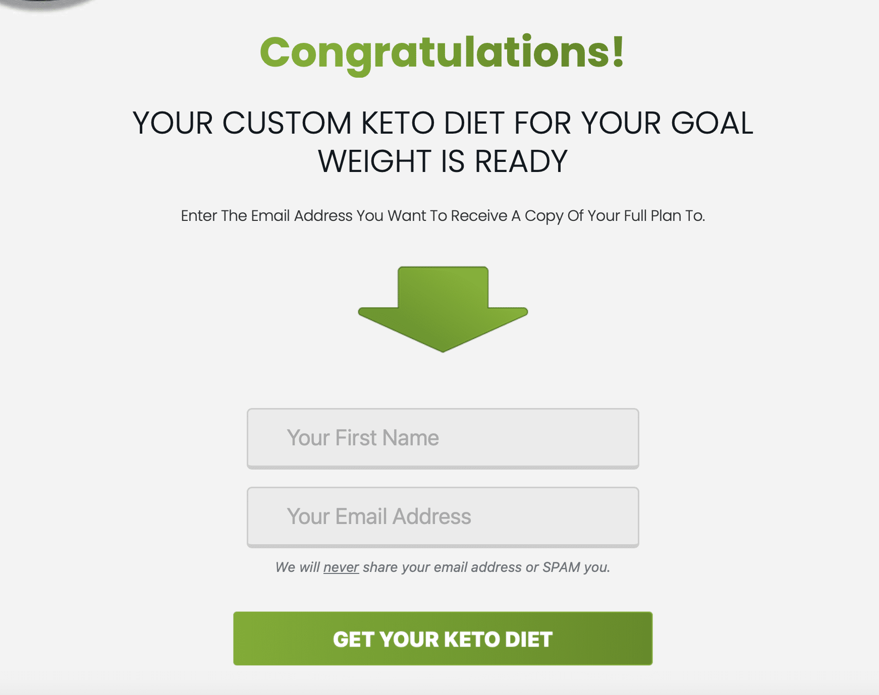 Quiz/Survey Funnel 26 Example of quiz marketing funnel opt-in form from Keto Creator