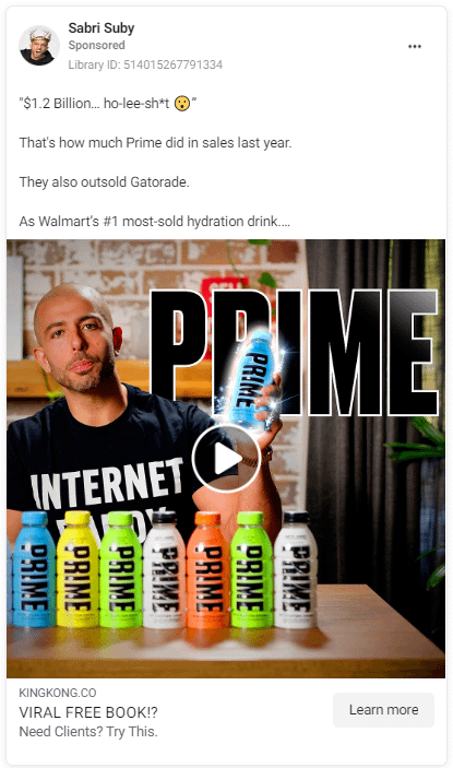 Hook Story Offer Framework 4 Curiosity Hook example: Sabri Suby Ad about he holding a bottle of water