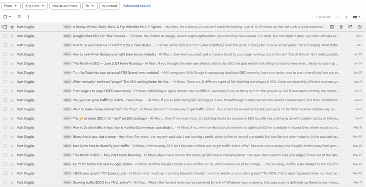 What is a Sales Funnel? Everything You Should Know 22 a screenshot of a list of email matt diggity sent