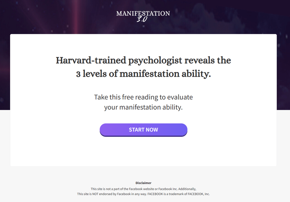 Quiz/Survey Funnel 21 Curiosity-driven landing page headline about manifestation levels from Harvard expert