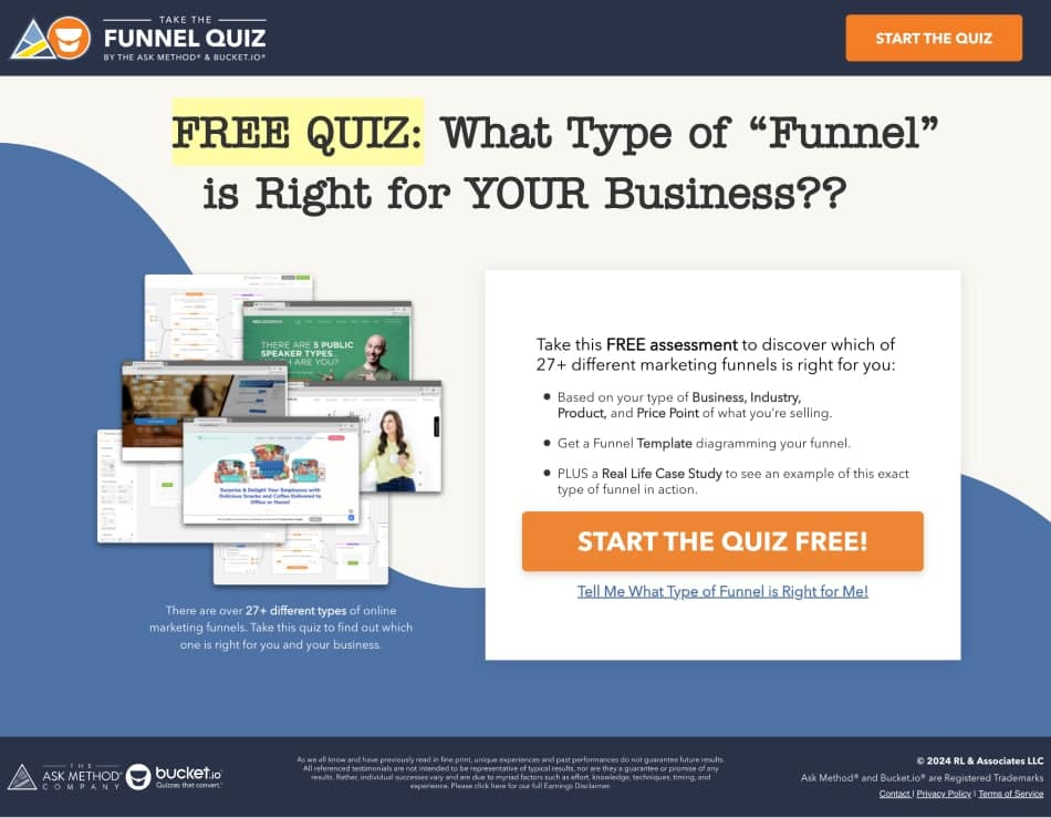 Quiz/Survey Funnel 33 Quiz Funnel Example: The Ask Method landing page