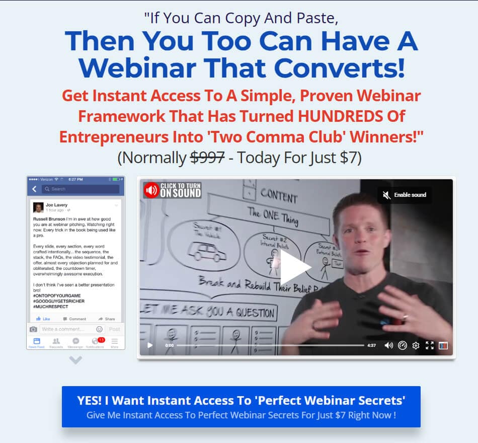 Tripwire Funnel 5 Russell Brunson's Perfect Webinar Secrets sales page, above the fold