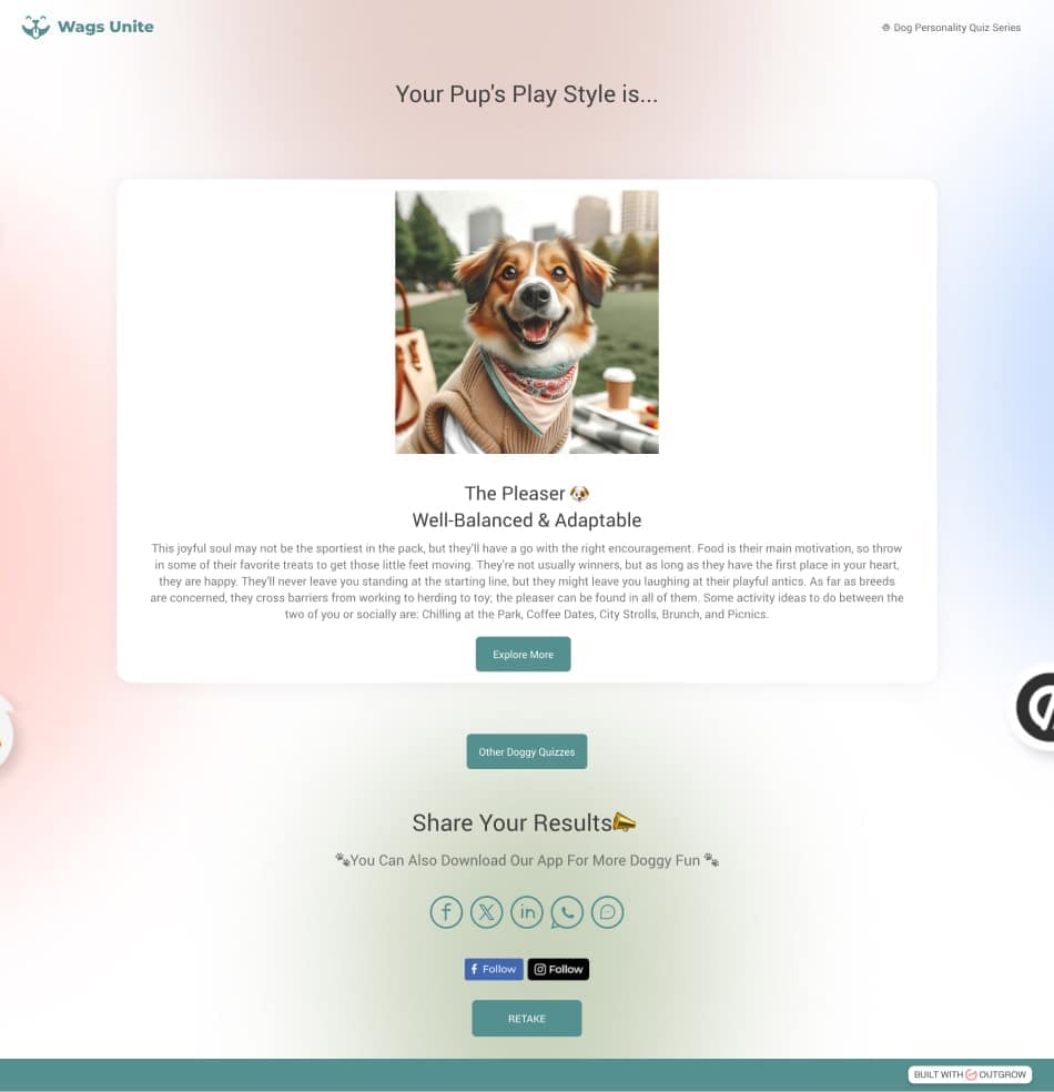 Quiz/Survey Funnel 40 Quiz Funnel example: Wags Unite's result page