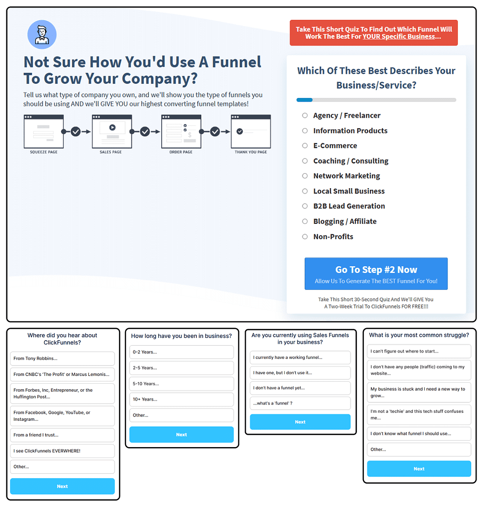 Quiz/Survey Funnel 7 example of Clickfunnels' quiz questions