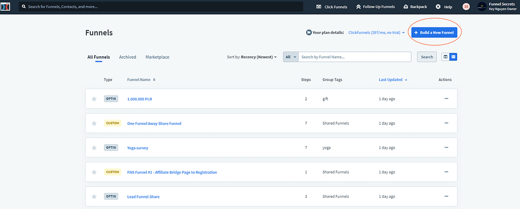 Clickfunnels dashboard