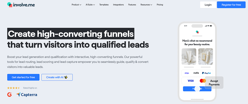 Involve.me homepage best funnel builder for interactive quiz