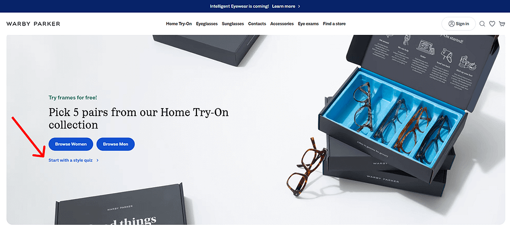 An open Warby Parker box with five pairs of eyeglasses neatly arranged inside, displayed on a white surface. The website interface features options to browse women’s and men’s frames or begin a product recommendation quiz funnel to find your perfect style.
