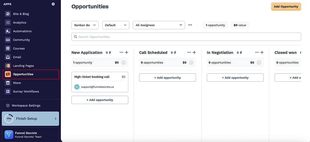 Create an opportunity or sales pipeline for the application funnel inside Clickfunnels dashboard