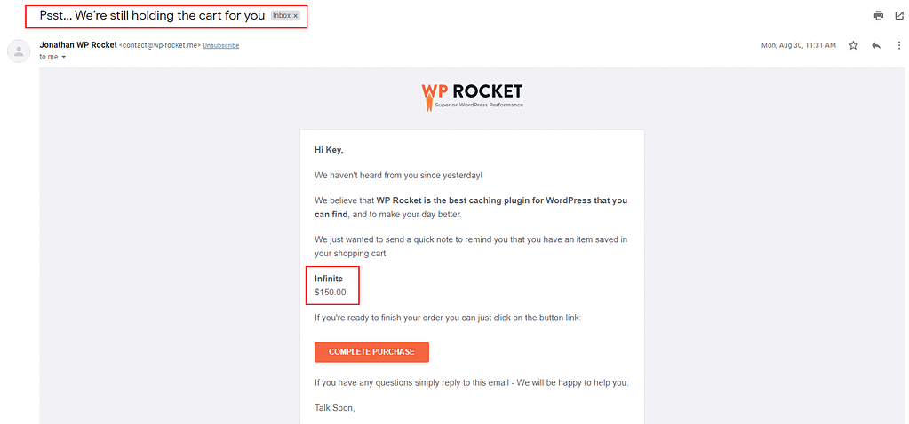 wp rocket abandone cart email