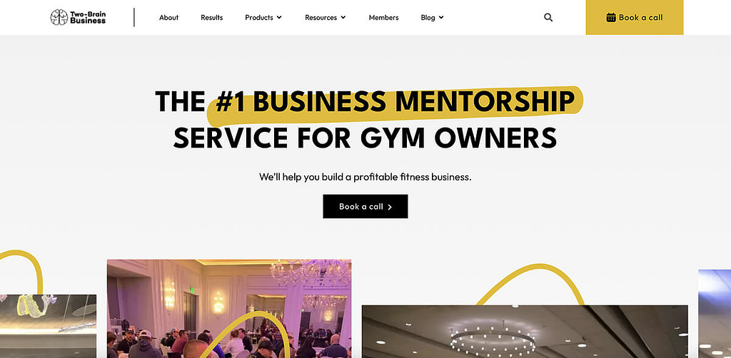 Screenshot of a website homepage featuring the headline “#1 Business Mentorship Service for Gym Owners,” a “Book a call” button, and navigation links. The page highlights a quiz funnel to engage visitors and guide them to tailored mentorship solutions.