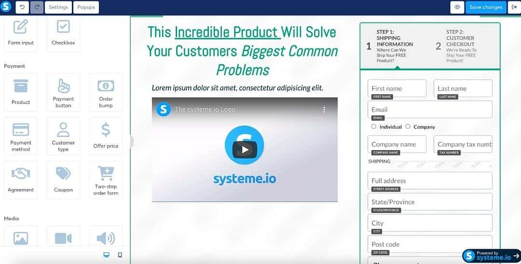 systeme.io 2 step order form