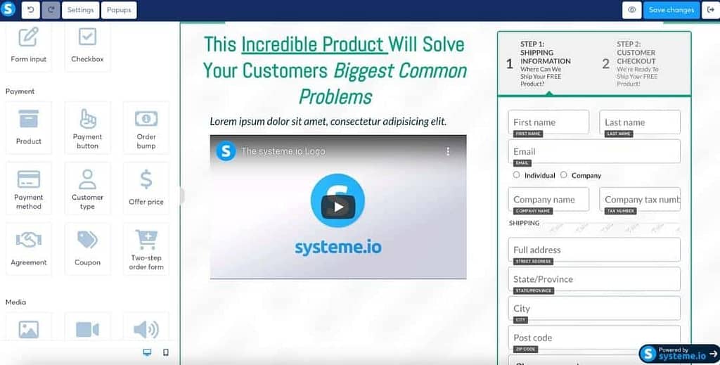 systeme.io 2 step order form