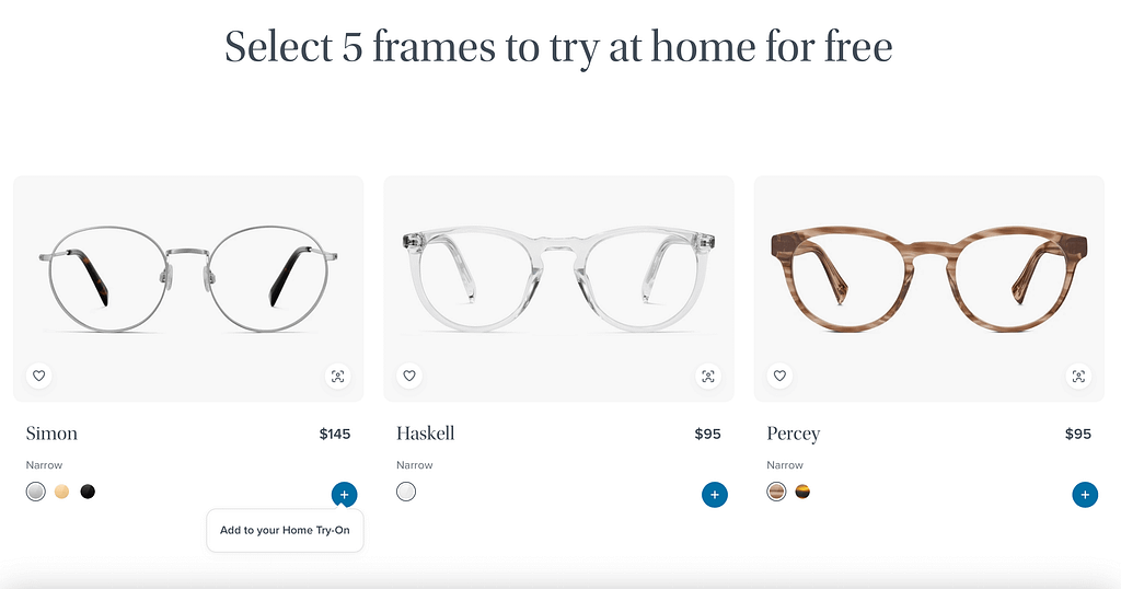 Screenshot of a website featuring a product discovery quiz to help you choose from three eyeglass frames—Simon ($145), Haskell ($95), and Percey ($95)—with photos, style details, and options to select and try them at home for free.