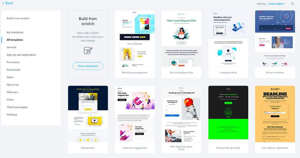 getresponse landing page templates