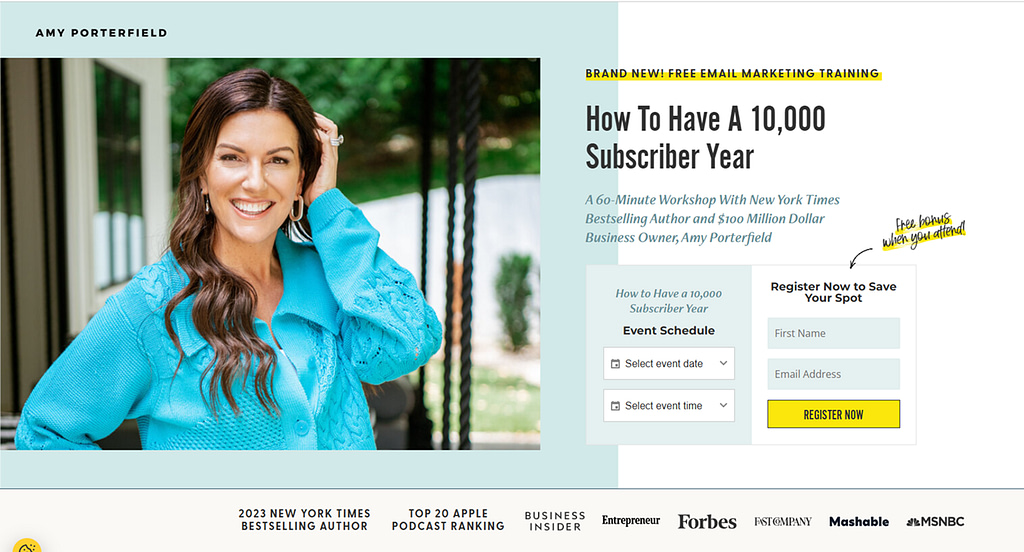 Amy Porterfield's webinar registration page.