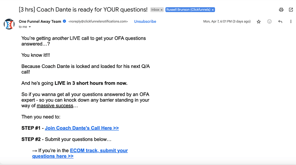 One Funnel Away Challenge email notification for the coaching call