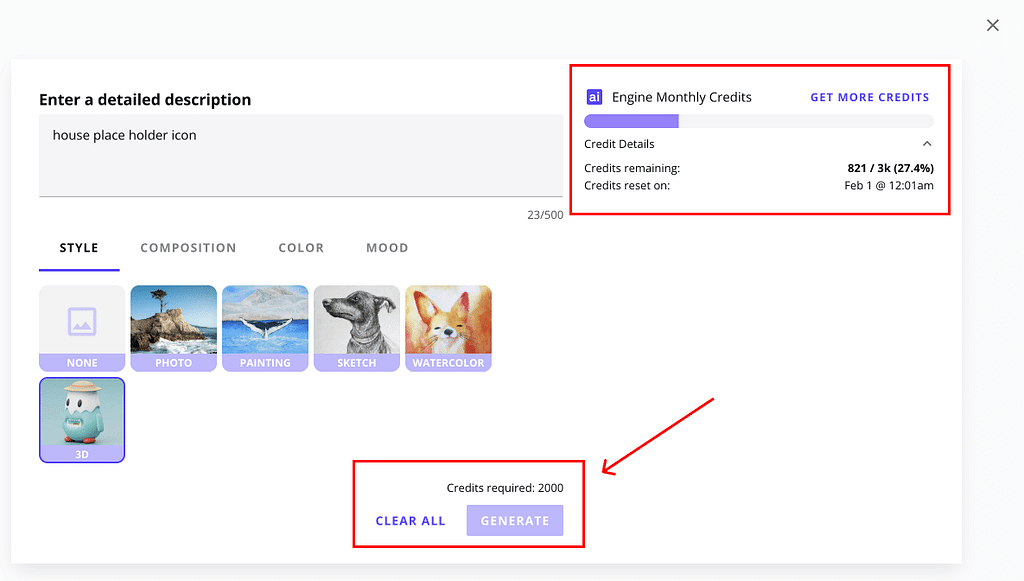 Leadpages' AI image generation tool showing credit usage and limits during a trial period.