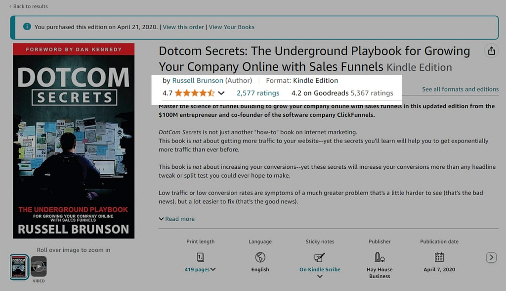 Dotcom Secrets review on Amazon