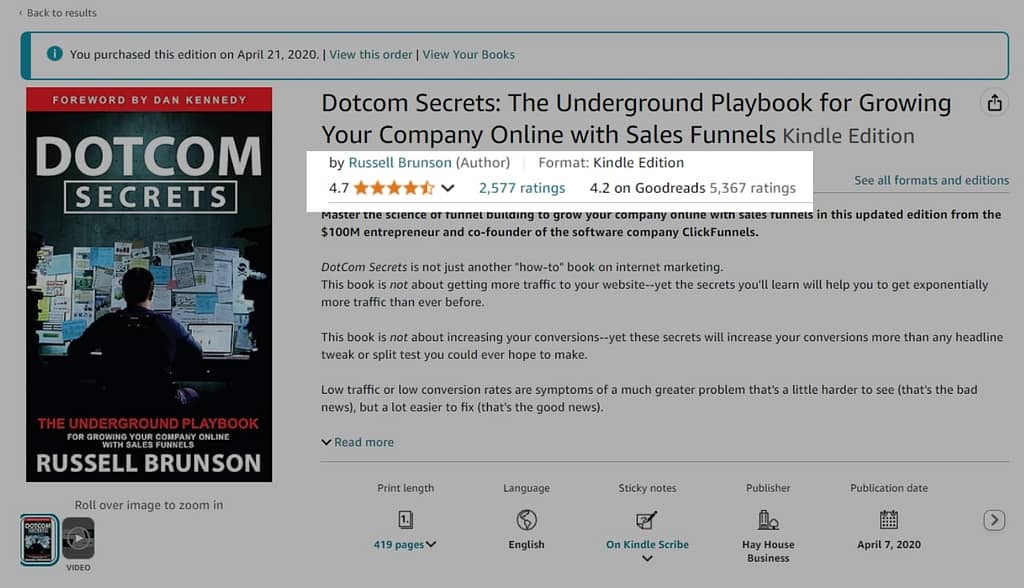 Dotcom Secrets review on Amazon