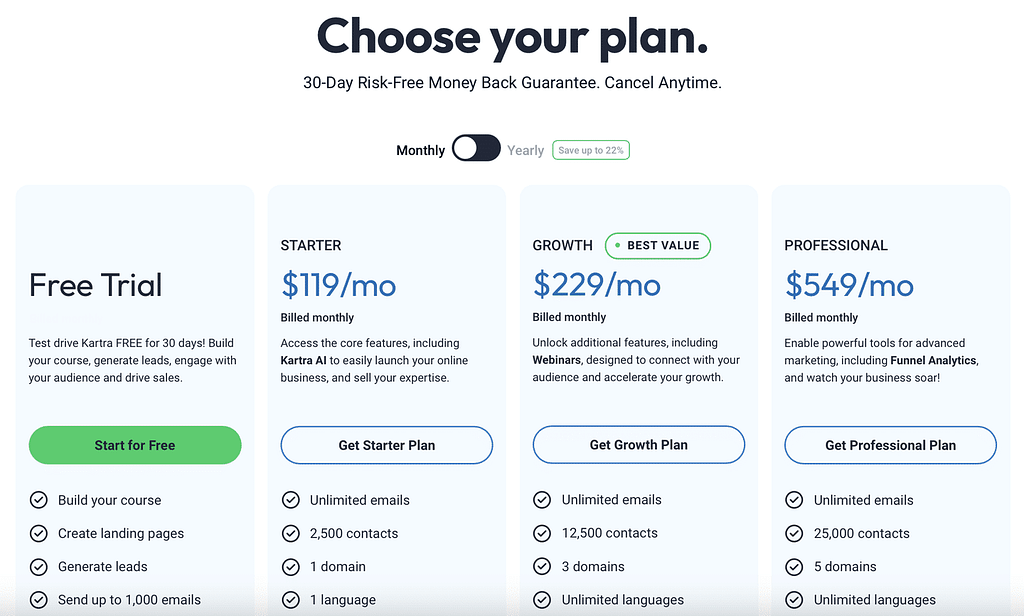 kartra pricing showing 3 option plans
