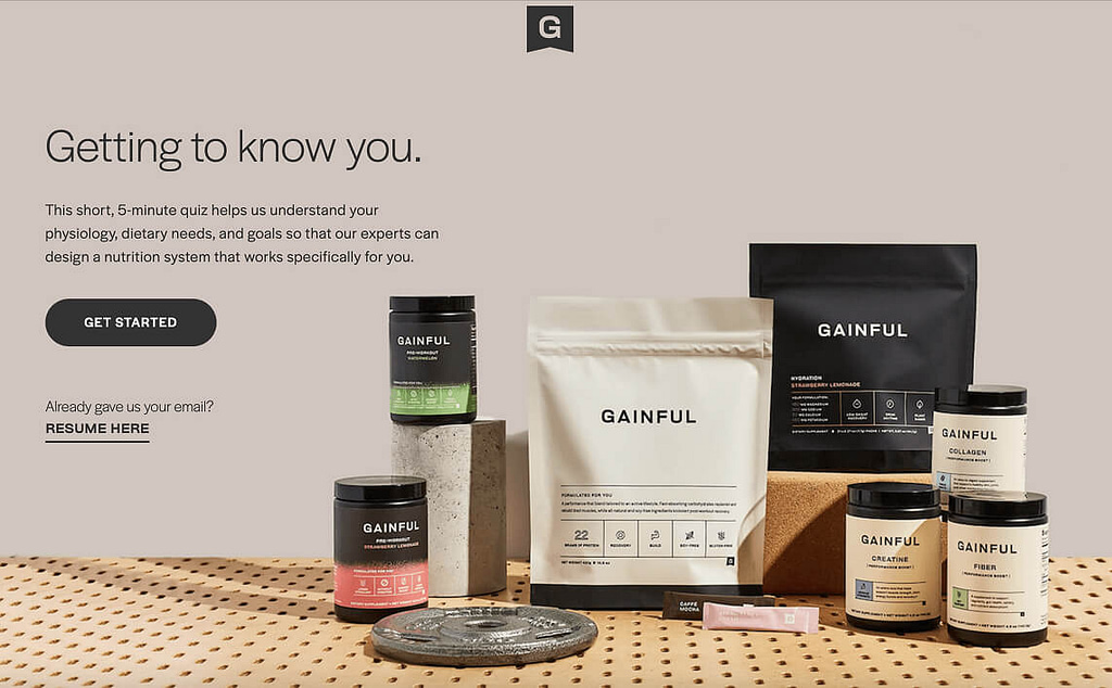 A variety of Gainful nutrition products—including powders, tubs, packets, and jars—are arranged on a beige perforated surface, with a headline reading “Getting to know you” and a engaging quiz funnel call-to-action button that says Get Started.