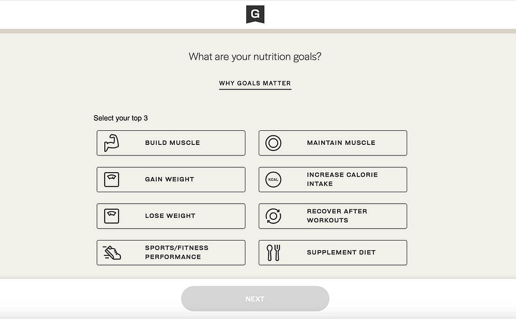 A nutrition goals selection screen designed as a quiz funnel, featuring options like Build Muscle, Gain Weight, Lose Weight, Recover After Workouts, Sports/Fitness Performance, and Supplement Diet.