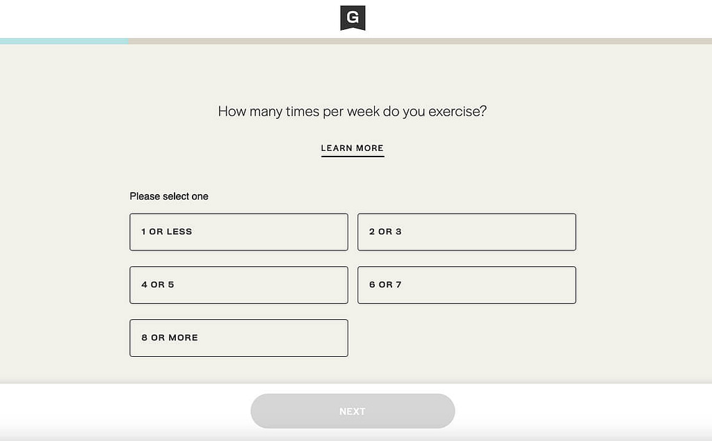 A quiz marketing funnel question asks, How many times per week do you exercise? with options: 1 or less, 2 or 3, 4 or 5, 6 or 7, and 8 or more. A greyed-out Next button appears at the bottom.