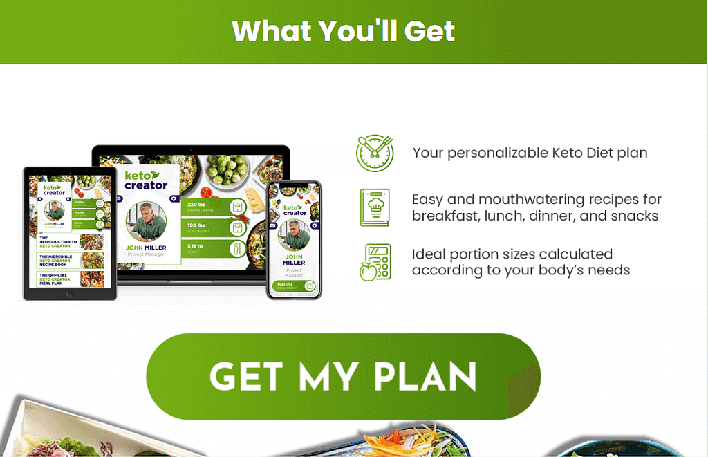 A promotional graphic for a keto diet plan using a quiz funnel, showing the plan on a phone, tablet, and laptop. Text highlights personalized plans, easy recipes, ideal portions, and a green Get My Plan button.