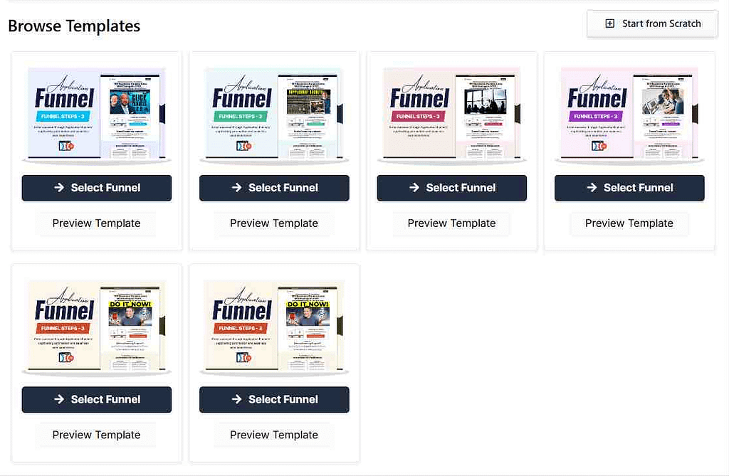 Clickfunnels' application funnel templates