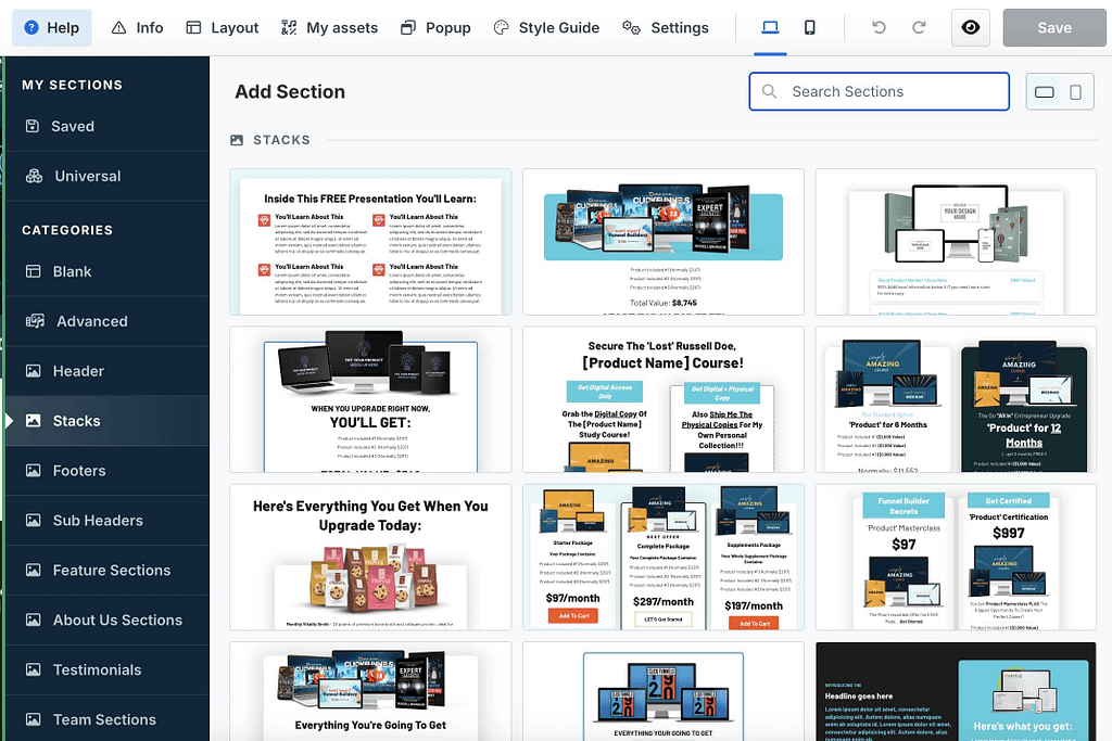 clickfunnels predesign section templates