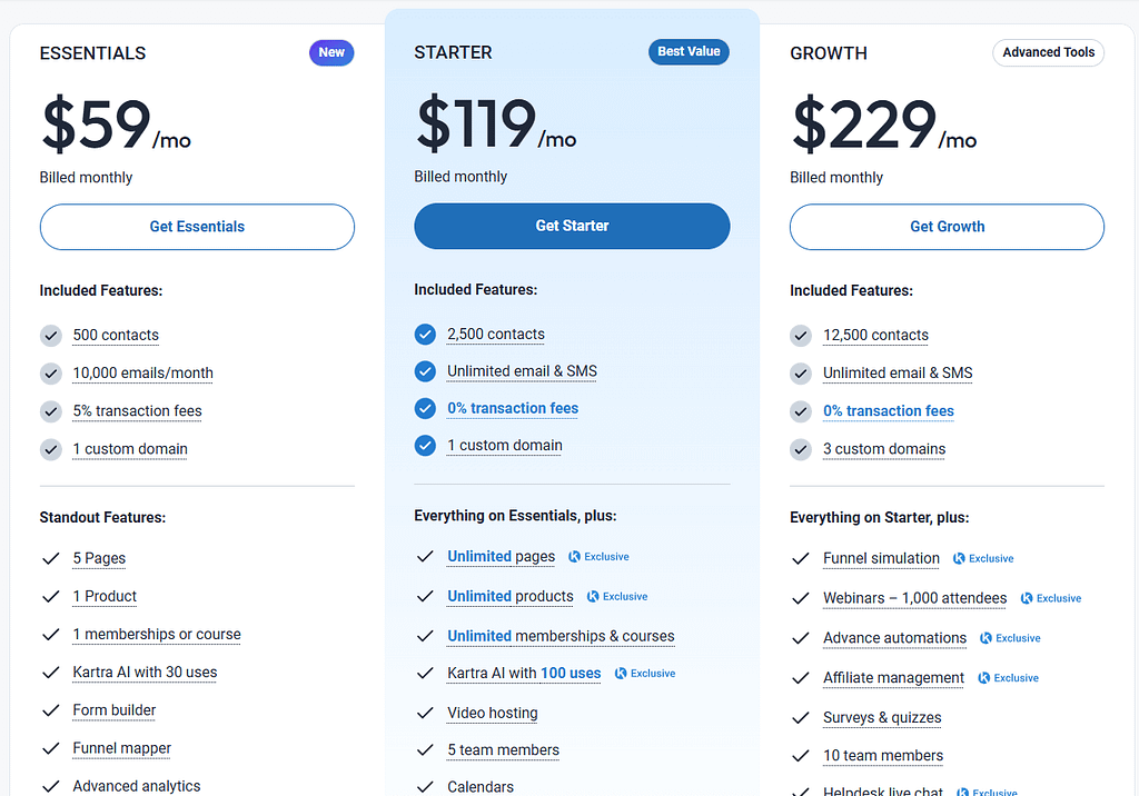 kartra pricing plan