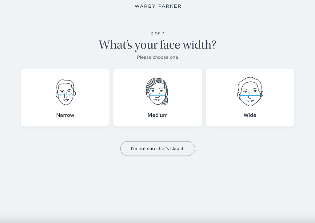 A webpage from Warby Parker asks “What’s your face width?” as part of a quiz funnel, offering three illustrated options: Narrow, Medium, and Wide. Below the options is a button labeled “I’m not sure. Let’s skip it.”.