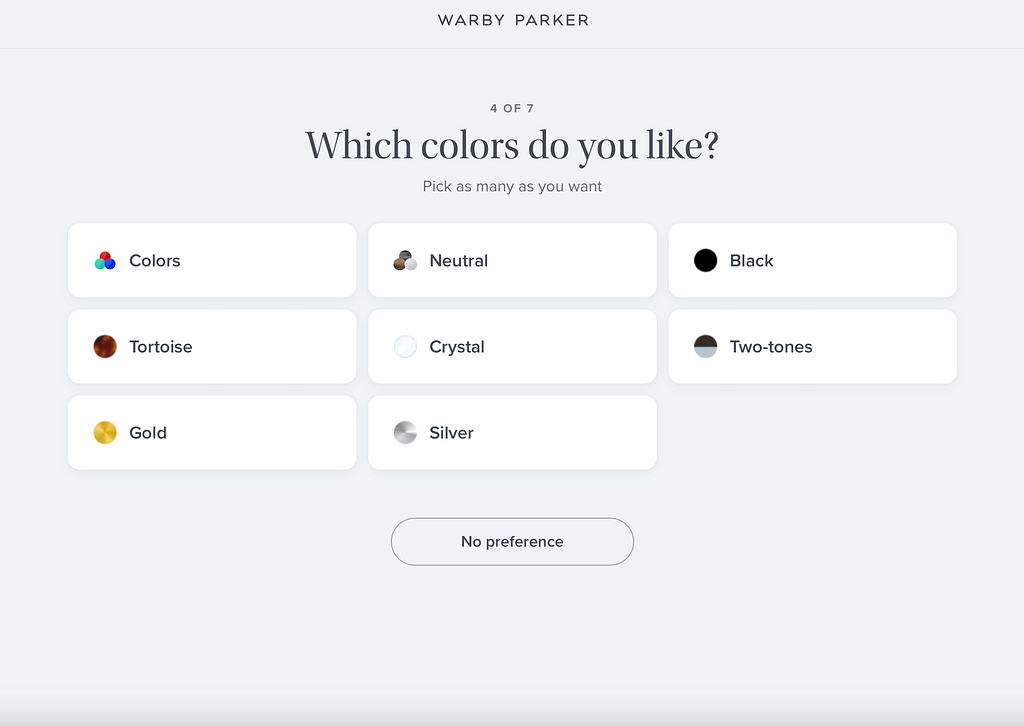 As part of their quiz funnel, Warby Parker asks, Which colors do you like? with options including Black, Tortoise, Crystal, Two-tones, Gold, Silver, and a No preference button for easy selection.