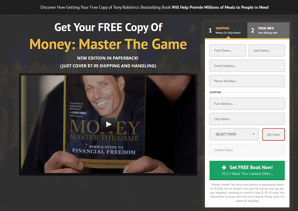 Proof about Tony Robbin Use Clickfunnels to promote his book Money Master The Game