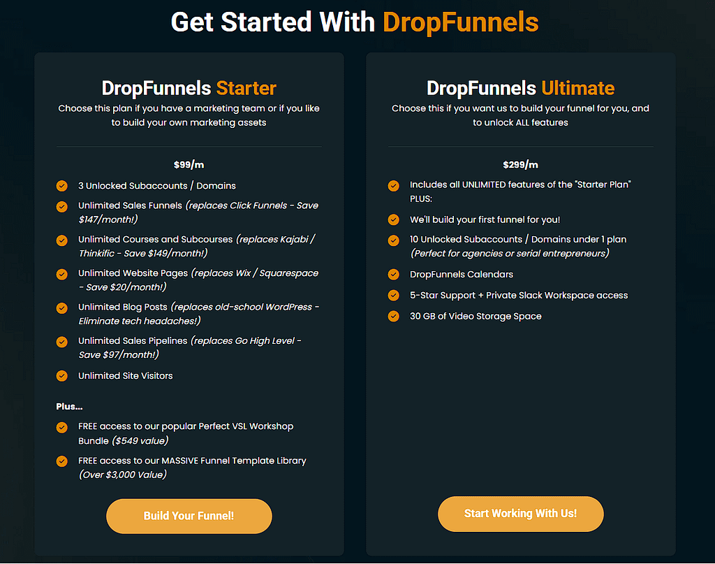 new dropfunnels price with starter plan is $99/month and unlimited plan is $299/month