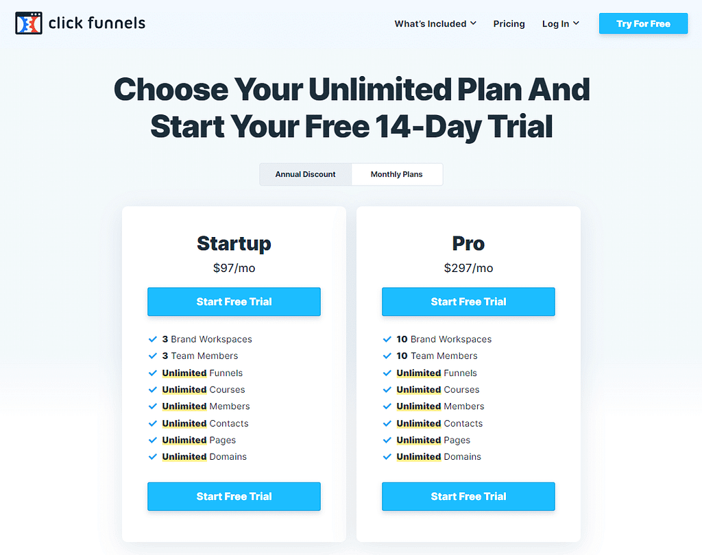 Clickfunnels pricing plan include startup and pro