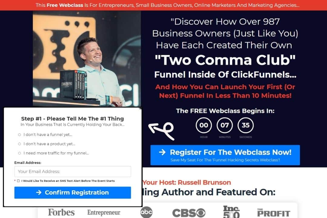 Funnel hacker Secrets webinar funnel registerpage