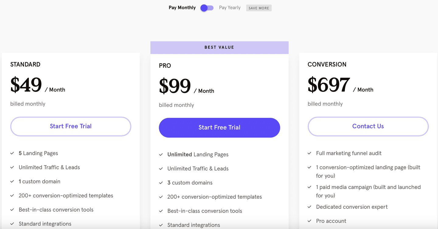 leadpages pricing table showing three option plans