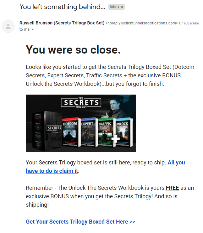 the secrets trilogy boxset cart abandonment email