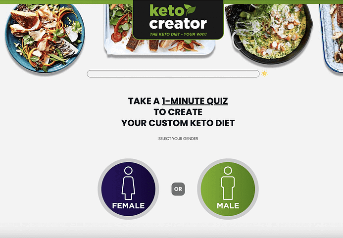 A website screen shows Keto Creator with food images, prompting users to enter a 1-minute quiz funnel to create a custom keto diet. It asks users to select their gender with female and male icons.
