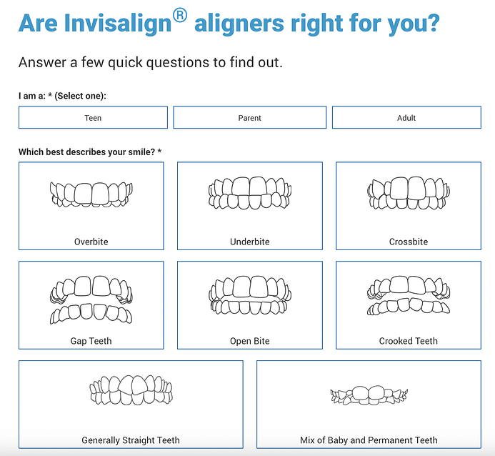 A quiz funnel asks if the user is a teen, parent, or adult and which illustration matches their teeth: overbite, underbite, crossbite, gap teeth, open bite, crooked teeth, generally straight teeth, or mixed types.
