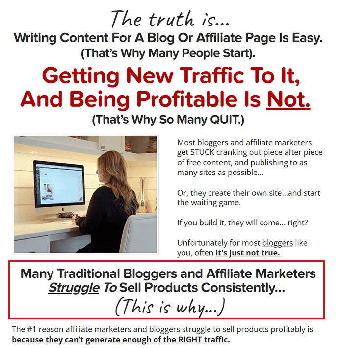 A woman sits at a desk using a computer. Large red and black text above her explains the struggle bloggers and affiliate marketers face in getting traffic and selling products consistently without using a quiz funnel.
