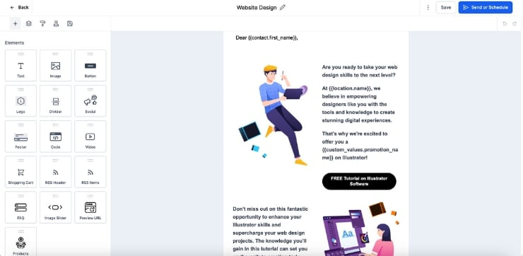 GoHighLevel Email Builder: Screenshot demonstrating the intuitive drag-and-drop interface for effortlessly designing and customizing professional email campaigns.