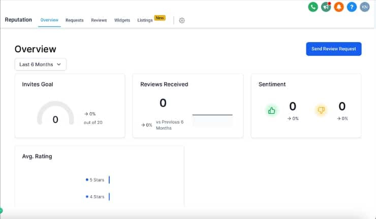 GoHighLevel Reputation Dashboard: Screenshot showcasing the interface for monitoring online reviews, managing customer feedback, and improving overall brand reputation