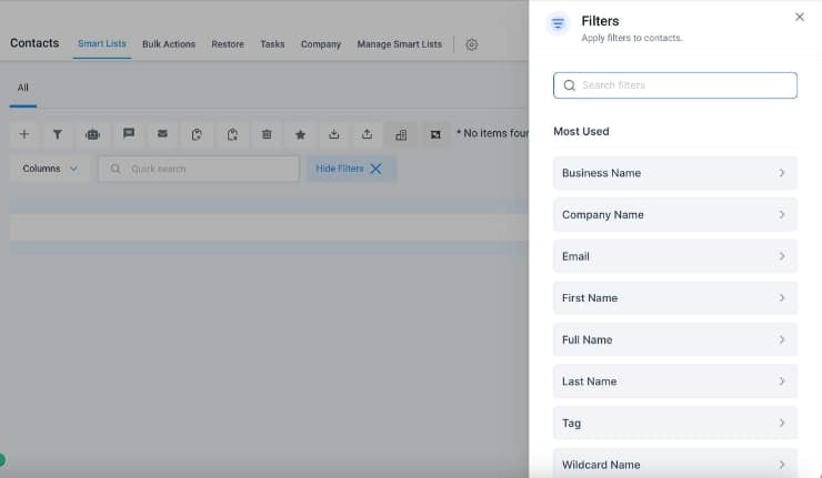 GoHighLevel Smart List Filter: Screenshot demonstrating precise contact segmentation by business name, appointment details, phone number, and other custom criteria.