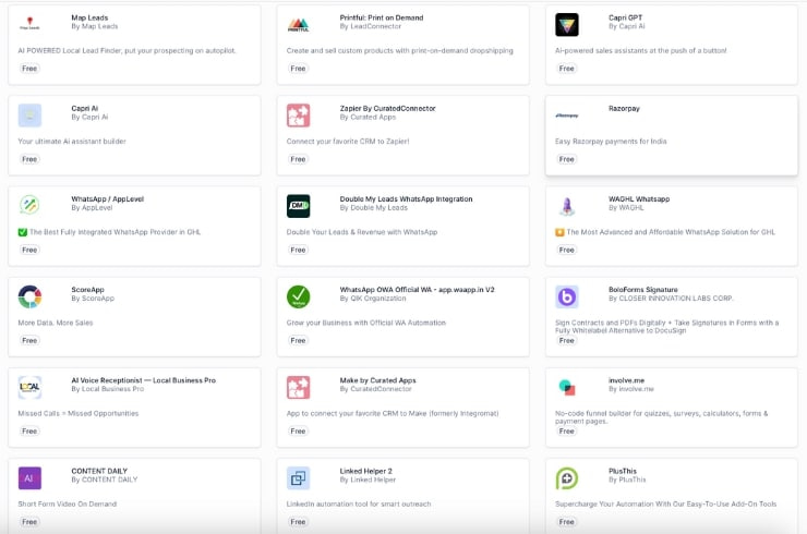 Screenshot displaying the wide range of third-party platforms and tools that seamlessly integrate with GoHighLevel
