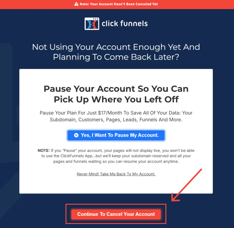 cancel clickfunnels account instead of pause