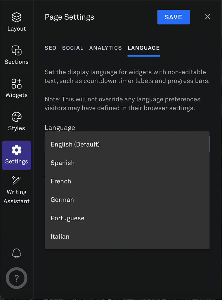 Leadpages review: set display language for widgets