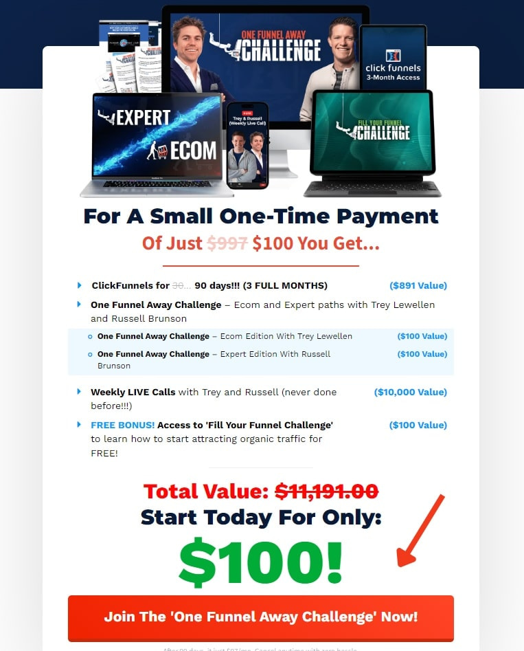 The One Funnel Away Challenge with call to action button